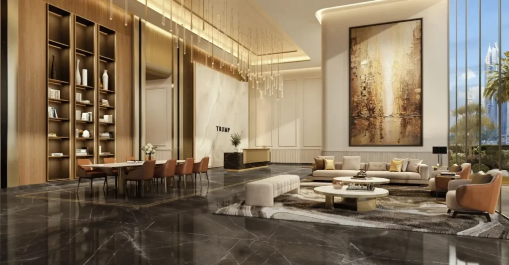 Spacious living area at Trump Tower Dubai with modern interiors and luxury furnishings