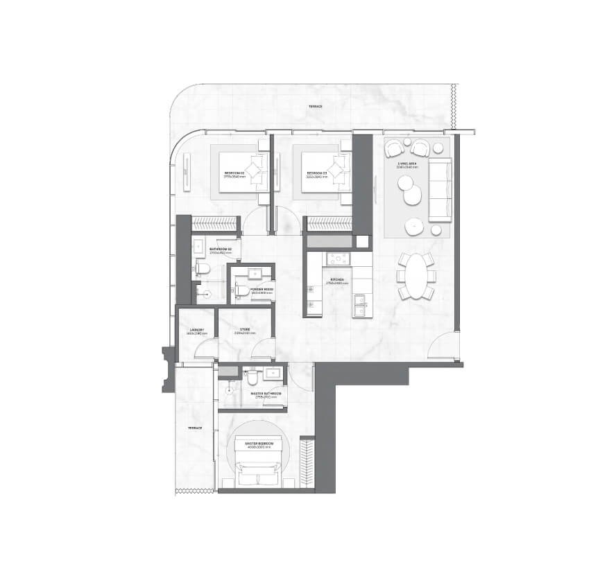 Luxury 3-bedroom apartment floor plan at Trump Tower Dubai featuring elegant design and modern