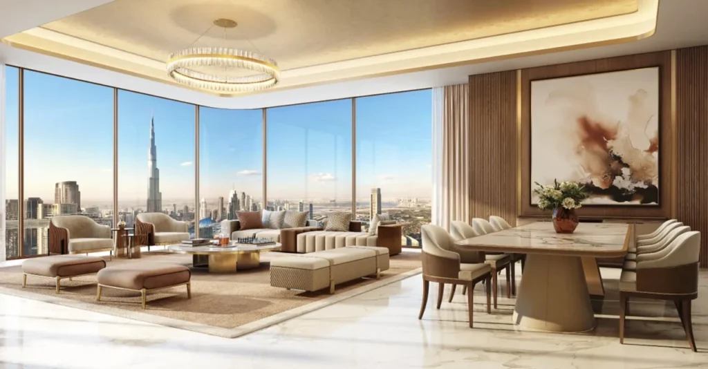 Modern open-plan kitchen and dining area with high-end finishes at Trump Tower Dubai