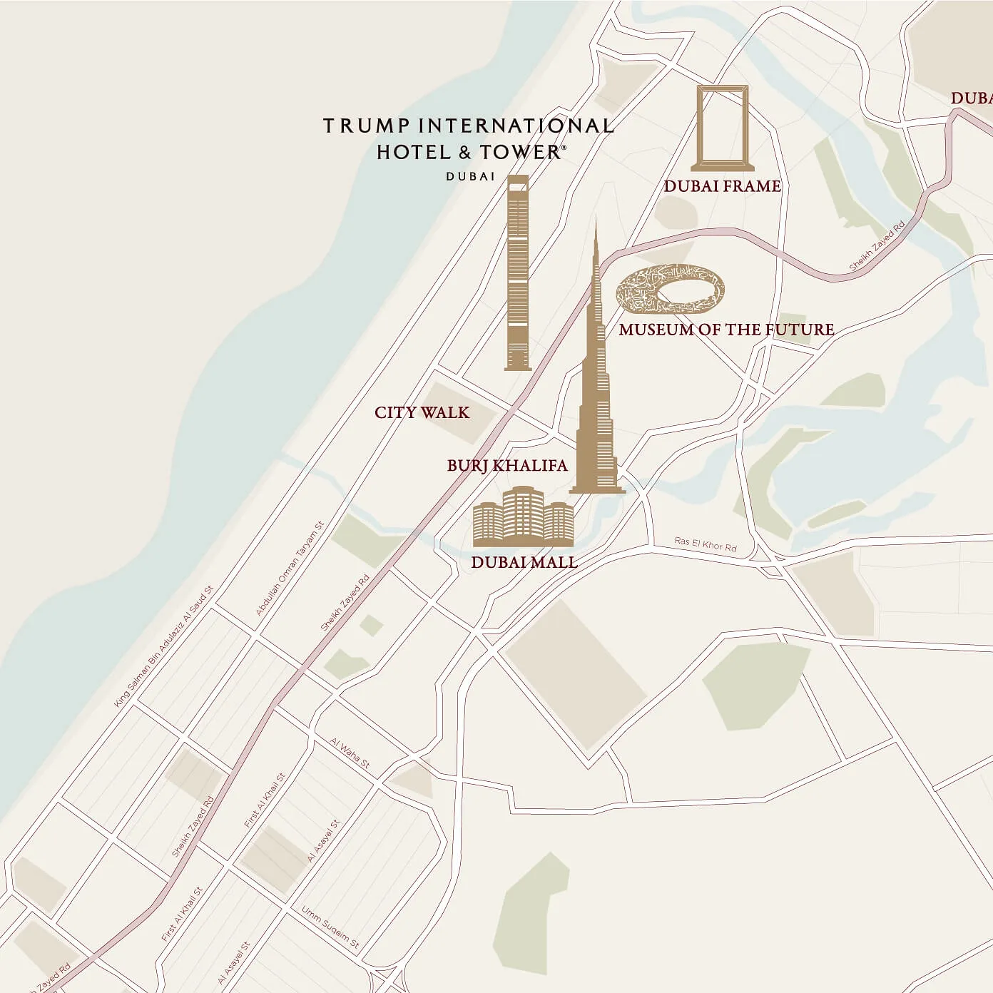 Location map of Trump Tower Dubai on Sheikh Zayed Road near Burj Khalifa and Dubai Mall